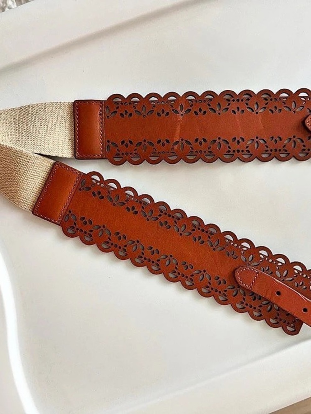 Nordstrom Laser-Cut Floral Belt Brown & Tan S/M